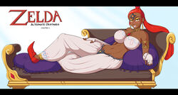 1girls afrobull arabian_clothes breasts cleavage clothed clothing comic comic_cover dark-skinned_female dark_skin earrings english_text female female_only fingerless_gloves gerudo gloves harem_outfit humanoid jewelry large_breasts long_hair looking_at_viewer lying nabooru navel necklace nintendo ocarina_of_time orange_hair ponytail shiny shiny_skin shoes smile solo text the_legend_of_zelda white_gloves yellow_eyes