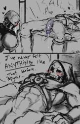 2boys after_sex blush crossover dick exhausted gay male male/male male_only masters_of_the_universe muscular nude on_bed papyrus skeleton skeletor tomis-jb