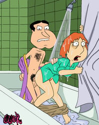 bent_over clothed_sex doggy_style family_guy female force from_behind glenn_quagmire half-dressed lois_griffin pants_down pubic_hair rape rape_face raped raped_female rapist red_lipstick red_pubic_hair robe shower shower_curtain wet