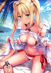 absurdres ahoge bangs bare_shoulders beach bead_bracelet beads bikini blonde_hair blush bracelet breasts breasts_out collarbone criss-cross_halter day dress earrings eyebrows_visible_through_hair fate/extra fate/grand_order fate_(series) female gown green_eyes hair_intakes halterneck highres jewelry large_breasts licking_lips long_hair looking_at_viewer lotion lotion_bottle navel nero_claudius_(fate) nero_claudius_(swimsuit_caster) nipples ocean outdoors palm_tree red_bikini scan seiza side-tie_bikini sitting smile striped striped_bikini swimsuit thighs tongue tongue_out tree twintails yuriko