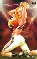 1girls armpits arms_up ass bare_calves big_breasts black_heels blue_eye boots breasts busty calves comic_cover dat_ass elias_chatzoudis erect_nipples erect_nipples_under_clothes female female_only football_(american) glowing_eye grass grimm_fairy_tales_zenescope heels holding_ball kneeling large_breasts lightning lipstick nipple_bulge nipples official_art on_knees pants pinup red_lips red_lipstick red_shirt robin_hood robyn_hood robyn_locksley shirt smile smiling solo warpaint white_pants yellow_eye zenescope