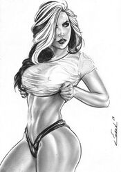 1girls 2019 anna_marie big_breasts black_panties breasts busty dated ed_benes_studio edson_(artist) erect_nipples erect_nipples_under_clothes female female_only homo_superior large_breasts lipstick long_hair marvel marvel_comics monochrome multicolored_hair mutant nipples panties pinup rogue_(x-men) shirt shirt_lift signature solo standing striped_hair thighs white_hair white_shirt x-men