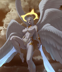 1girls abs absurd_res alya_ctesias angel_wings areolae athletic_female au_ra belly_button black_sclera body_markings breasts completely_nude completely_nude_female detailed_background female_only final_fantasy final_fantasy_xiv foot_out_of_frame halo innie_belly_button innie_pussy light-skinned_female light_skin looking_at_viewer looking_down looking_down_at_viewer midriff nanodeath navel nipples one_leg_bent pussy raen sin_eater slender_body solo_female swords tagme white_hair white_pupils wings