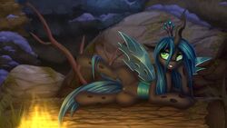 2019 absurd_res arthropod changeling crown detailed_background eyelashes female feral fire friendship_is_magic green_eyes hi_res hole_(anatomy) horn log looking_at_viewer my_little_pony outside pussy queen_chrysalis_(mlp) setharu solo spread_legs spreading wings wood