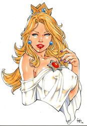 1girls 2019 ball_earrings bare_arms bare_shoulders big_breasts blonde_eyebrows blonde_female blonde_hair blue_eyes breasts busty cleavage clothing crown dated dress earrings ed_benes_studio erect_nipples erect_nipples_under_clothes eyeshadow female female_only large_breasts lipstick long_hair makeup mario_(series) mascara nail_polish nintendo nipple_bulge nipples princess princess_rosalina purple_nail_polish purple_nails red_lips red_lipstick royalty shirt signature simple_background smile smiling solo upper_body vagner_fernandes white_background white_dress white_shirt