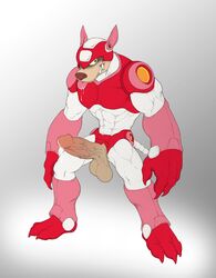 2017 absurd_res anthro armor balls biped bodily_fluids canid canine canis capcom domestic_dog erection genital_fluids hi_res humanoid_penis machine male male_only mammal mega_man mega_man(classic) muscular muscular_male penis precum robot rush_(mega_man) simple_background solo standing tongue tongue_out utx-shapeshifter video_games