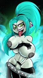 big_breasts blue_hair breasts danny_phantom dark_nipples ember_mclain female_only ghost green_eyes huge_breasts naked nickelodeon nipple_piercing nipples nude piercing solo sonson-sensei tongue_out yaboisonson