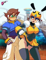 artist_signature bee big_penis blue_eyes blurry_background blush brown_hair bulge capcom clothed crossover erection female gloves green_eyes heart helmet honey_woman makeup male mega_man mega_man(classic) mega_man_zx open_mouth robot skirt_lift standing thighhighs vcampan vent_(mega_man) vesper_woman