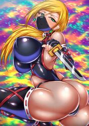 alternate_breast_size artist_request bimbo blonde_hair bodystocking bouncing_ass bouncing_breasts bound breasts color cosplay covered_mouth covering_breasts dark-skinned_female dark_skin gloves green_eyes grid gyaru huge_ass kunoichi large_breasts lingerie looking_at_viewer mask mosaic_censoring ninja seductive suggestive sword thighhighs uniform