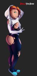 1girls ass beelztheboss ben_10 big_ass cartoon_network clothing cosplay green_eyes gwen_tennyson huge_ass lip_piercing looking_at_viewer marvel nipples orange_hair short_hair solo spider-gwen_(cosplay) standing thick_thighs torn_clothes