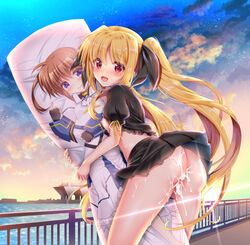 1girls ass black_skirt blonde_hair bodypillow breasts cloud commentary_request cum cum_on_ass dakimakura_(object) evening fate_testarossa female female_only from_behind geko long_hair looking_at_viewer looking_back lyrical_nanoha mahou_shoujo_lyrical_nanoha no_panties object_hug orange_sky outdoors pillow pillow_hug shiny shiny_hair shiny_skin shirt_lift skirt sky small_breasts solo standing sunlight sunset takamachi_nanoha twintails