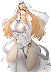 blonde_hair breasts diaper diaper_fetish female goblin_slayer headgear headwear huge_breasts kneeling long_hair mature mature_female milf nipple peeing peeing_self priestess scat soiling soiling_diaper torn_clothes torn_clothing urine wet_diaper wetting wetting_diaper