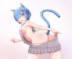 animal_ears anus ass blue_eyes blue_hair breasts catgirl huyase nekomimi no_bra nopan photoshop re:zero_kara_hajimeru_isekai_seikatsu rem_(re:zero) short_hair sideboob tail virgin_killer_sweater