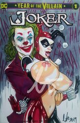 1boy 1girls almostheroesart areola areolae arthur_fleck batman_(series) big_breasts breasts clown clown_makeup comic comic_cover couple dc dc_comics exposed exposed_breasts finger_licking green_hair harleen_quinzel harley_quinn harley_quinn_(classic) huge_breasts hyper_breasts joaquin_phoenix joker joker_(film) lady_gaga licking_finger lips lipstick long_hair looking_at_partner looking_at_viewer magazine magazine_cover makeup mask movie navel nipples red_lips red_lipstick seductive seductive_look smile smiling the_joker traditional_media_(artwork) voluptuous watermark