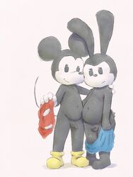 anthro ats bottomwear clothing disney duo hi_res lagomorph leporid male male/male male_only mammal mickey_mouse mouse murid murine naked_footwear nude oswald_(character) oswald_the_lucky_rabbit penis portrait rabbit rodent shorts testicles white_background