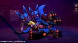 16:9 2boys 3d anal anthro ass big_feet big_testicles black_fur blue_body blue_fur blush bodily_fluids clyde_donovan_(artist) digital_media_(artwork) fur gay graffiti half-closed_eyes inside knot lucario male male_only nintendo on_side orange_eyes patreon paws penis pokemon pokemon_(species) pokemon_dppt purple_background sex testicles text thick_thighs urethra url video_games watermark wide_hips yaoi yellow_fur