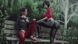 2girls 3d 3d_(artwork) absurd_res ada_wong ada_wong_(ty_brenneman) asian asian_female ass big_breasts bimbo breasts claire_redfield cleavage clothed clothed_female clothes clothing female female_only fully_clothed hi_res large_breasts looking_at_viewer looking_back resident_evil resident_evil_2 stevencarson tight_clothing tight_pants yoga_pants