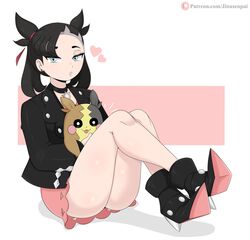 1girls :3 :p ambiguous_gender ass big_ass black_fur black_hair black_sclera blue_eyes breasts brown_fur choker clothed clothes earrings eye_contact eyelashes female hair_over_one_eye half-closed_eyes heart high_heels jacket jinu legs_up looking_at_viewer marnie_(pokemon) morpeko nintendo patreon pink_background pokemon pokemon_ss pose red_cheeks rodent shadow shoes sitting small_breasts smile text tongue tongue_out twintails url watermark white_border white_eyes wide_hips yellow_fur