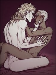 2boys anal blonde_hair blush dark_skin dio_brando embrace enrico_pucci gay jojo's_bizarre_adventure krysanteemu looking_at_another looking_at_partner male male_only nude nude_male open_mouth sex sharp_fingernails sitting_on_lap stone_ocean sweat vampire yaoi