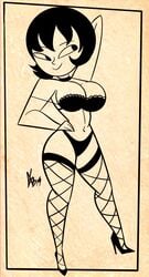 atomickingboo black_bra black_hair black_legwear choker fishnets high_heels hourglass_figure jucika large_breasts lingerie navel pose retro_artstyle retro_artstyle_(western) smile stylized thick_thighs traditional_media_(artwork) voluptuous wide_hips