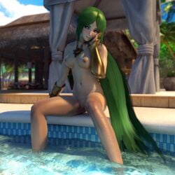 3d armband blush breasts cleavage clitoris cute female female_only goddess green_eyes green_hair hand_on_head hsfrx jewelry kid_icarus ledge navel nintendo nipples nude palutena pool poolside pussy relaxing sitting solo spread_legs water wet_hair