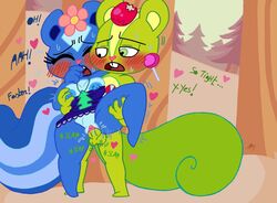 1boy 1boy1girl 1girls blue_fur blue_text blush breast_grab buckteeth candy closed_eyes clothed_sex dialogue eyes_closed furry green_fur green_text half-closed_eyes happy_tree_friends leg_up lilli_villa nutty_(htf) petunia_(htf) rodent skunk squirrel stomach_bulge straight vaginal_penetration vaginal_sex