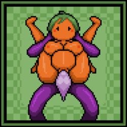 1boy 1girls animated anthro big_belly boobs breasts cum cumflation female food_creature full_nelson gif green_hair inflation male orange_body orange_skin orangejuicemann original_character pixel_art poppy_(orangejuicemann) stomach_bulge tagme