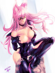 1boy animal_ear_fluff animal_ears azu_(azzz) bangs bare_shoulders black_bodysuit bodysuit breasts choker cleavage collarbone cunnilingus fate/grand_order fate_(series) female fox_ears fox_girl glasses high_heels hip_vent knee_up koyanskaya koyanskaya_(assassin) koyanskaya_(assassin_first_ascension) koyanskaya_(fate) large_breasts long_hair nipples off_shoulder open_bodysuit oral parted_lips pink_hair short_hair spiked_hair straight tamamo_(assassin)_(fate) thighs yellow_eyes zipper