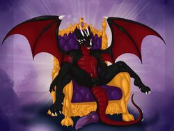 4:3 anus ass black_body black_scales chair claws dildo dragon dragon_cock erection furniture horn male male_only paws penis red_body red_scales scales scalie sex_toy smile solo spines tattoo throne v-v wings