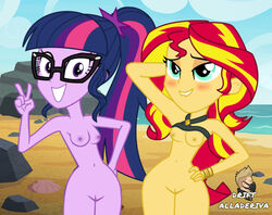 2girls accurate_art_style beach drift_alladeriva edit equestria_girls female female_only friendship_is_magic glasses my_little_pony nude peace_sign pussy sci-twi screenshot_edit small_breasts sunset_shimmer tagme twilight_sparkle_(mlp) wide_hips