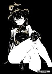 black_dress black_gloves black_hair blue_archive breasts china_dress chinese_clothes closed_mouth coat crossed_legs double_bun dress female flat_chest gloves hair_bun halo holding kiddycorky kisaki_(blue_archive) long_hair looking_at_viewer monochrome nexon parted_lips sitting solo thighs yellow_eyes