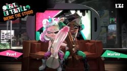 2futas 3d animated big_cock big_penis casual_masturbation cock dark-skinned_futanari dark_skin dialogue futa_on_futa futa_only futanari gif_version huge_cock light-skinned_futanari light_skin marina_(splatoon) masturbation mole mutual_masturbation nintendo pearl_(splatoon) penis penis_bigger_than_body small_but_hung splatoon uwotinfokm8