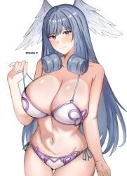 1girls bikini blue_eyes breasts colored gray_hair high_entia huge_breasts long_hair looking_at_viewer meidza_d melia_antiqua midriff monolith_soft navel nintendo pulling_strap smiling smiling_at_viewer swimsuit tagme thick_thighs thighs wings wings_on_head xenoblade_(series) xenoblade_chronicles xenoblade_chronicles_3