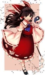 bow brown_eyes brown_hair cherry_blossoms female female_focus female_only hakurei_reimu looking_at_viewer moe_harukawa no_background red_clothing reimu_hakurei safe smile touhou