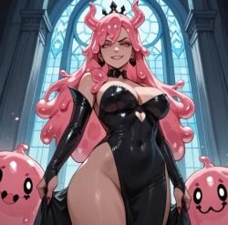 ai_generated big_breasts evil_smile monster_girl oc original original_character slime slime_girl slime_hair slime_monster smiles smirk smirking smirking_at_viewer the_evil_slime_queen_(oc) villainess