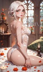 ai_generated ass bed bedroom bubble_butt ciri female freckles green_eyes illyfurina light-skinned_female lingerie looking_at_viewer looking_back scar solo the_witcher_(series) the_witcher_3:_wild_hunt white_hair