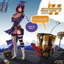 borderlands borderlands_2 claptrap cleavage dildo huge_dildo humanoid_dildo humor li0nie machine mad_moxxi penis_dildo robot sex_toy strap-on strapon text