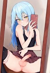 ai_generated alaky femboy light_blue_hair male male_focus male_only mirror otoko_no_ko panties panties_around_leg penis phone picture reflection rimuru_tempest selfie skirt skirt_lift tagme tank_top tensei_shitara_slime_datta_ken testicles thighhighs yellow_eyes