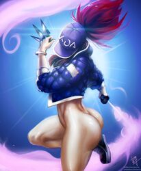 1girls action_pose akali amrrr baseball_cap bottomless bracelet butt_crack dat_ass female female_only footwear hat holding_weapon huge_ass human jacket k/da_akali k/da_series knife league_of_legends long_hair partially_clothed ponytail red_hair shoes side_view signature solo spray_paint standing_on_one_leg thick_thighs throwing_knife toned weapon