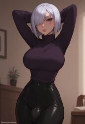 1futa ai_generated ass bare_breasts big_ass big_breasts big_butt big_hips big_penis black_pants bob_cut breasts clothed clothed_futanari dick dickgirl emotionless eyebrows eyelashes fiona_frost futa_only futanari grey_eyes hair hair_over_eye hair_over_one_eye hands-free hands_behind_head huge_cock indoors leather_pants lips looking_at_viewer makeup medium_breasts medium_hair narrow_waist narrowed_eyes nightfall_(spy_x_family) nose pants penis purple_sweater short_hair smooth_balls smooth_penis smooth_skin solo solo_dickgirl solo_focus solo_futa solo_futanari spy_x_family sweater testicles turtleneck turtleneck_sweater velonix white_hair