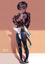 1boy balls blush bodysuit bulge erection erection_under_clothes looking_at_viewer male male_only master_maichin open_mouth penis penis_in_bodysuit penis_under_clothes rifle testicles tight_clothing twink weapon