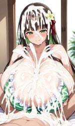 ai_generated bikini bow bow_bra breasts_bigger_than_head brown_hair bunny_ears chiya_ujimatsu cum cum_drip cum_everywhere cum_explosion cum_on_body cum_on_breasts cum_on_face engulfing_paizuri enormous_breasts frilled_bikini ftggtgg gigantic_breasts gochuumon_wa_usagi_desu_ka? green_eyes huge_breasts hyper large_breasts massive_breasts paizuri side-tie_bikini