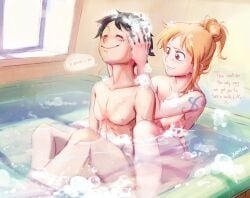 1boy 1boy1girl 1girls bath bathing bathroom bathtub black_hair breasts breasts_out bubbles color couple cute dialogue female hair_bun hair_tied male monkey_d_luffy naked naked_female naked_male nami nami_(one_piece) nipples no_sex nude nudity obscured_genitals one_piece orange_hair scar scars soaked soap soap_bubbles tattoo washing washing_another washing_hair washing_partner wholesome zantinaa