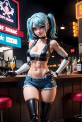 abs ai_generated bar blue_eyes blue_hair choker cybernetic_leg cybernetics daisy_dukes female halter_top hand_on_hip hand_on_own_hip hip_bones jean_shorts robotic_arm robotic_leg shorts skindentation skinny solo standing twintails