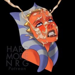 ahsoka_tano alien artist_name black_background blue_eyes colored_skin cum cum_on_body facial female hardmode_nrg hardmodenrg orange_skin patreon_username simple_background solo star_wars togruta