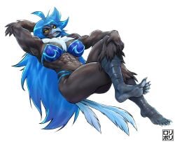 2024 5_toes abs anthro avian beak bird black_body black_feathers blue_beak blue_hair blue_tail_feathers breasts feathers feet female hair hi_res humanoid_feet jamrolypoly martlet_(zenith_form) muscular muscular_female non-mammal_breasts plantigrade simple_background soles solo toes undertale undertale_(series) undertale_yellow white_background yellow_sclera