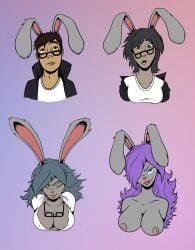 anthro big_breasts breast_expansion breast_growth breasts canonthought cleavage clothed clothing deiser eye_color_transformation eyewear fake_ears fake_rabbit_ears female gender_transformation glasses glasses_askew glasses_off growth hair hair_growth hi_res human human_to_anthro identity_death lagomorph leporid lipstick long_hair loss_of_self makeup male mammal mtf_transformation nipples purple_hair rabbit shirt smile solo species_transformation surprise topless topless_female topwear torn_clothing transformation transformation_sequence