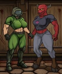 2girls baron_of_hell_(doom) demon demon_girl doom doom_slayer_(doom) handholding human monster monster_girl rule_63 srtomgeek