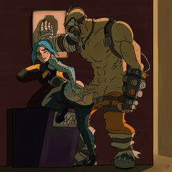 anal anal_sex borderlands borderlands_2 concerned hand_on_wall huge_cock kosokuneko krieg krieg_(borderlands) large_penis male_penetrating maya_(borderlands) muscular_male straight