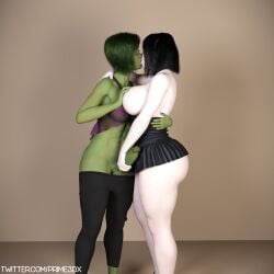 3d 3d_(artwork) beast_boy dc_comics erection female futa_on_female futanari genderswap_(mtf) green_skin handjob kissing penis prime3dx raven_(dc) teen_titans